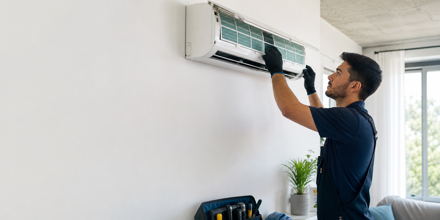 Tecnico realizando mantenimiento a un aire acondicionado split